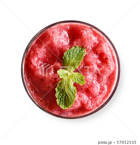 Strawberry smoothie on white background from top view Strawberry smoothie on white background from top view 57052535