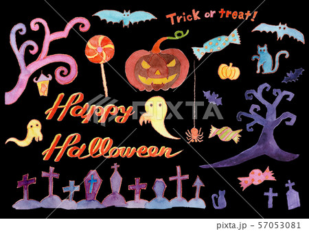 Happy Halloween 水彩　セット　黒バック 57053081
