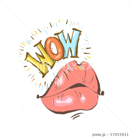 Mouth with speach bubble. Wow and female lips in sketchy cartoon style concept for advertising or 57055931