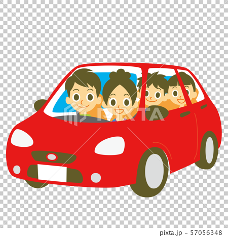 赤い車に乗る家族のイラスト素材
