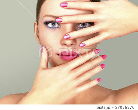 Beauty Woman face Portrait. Beautiful model Girl with Perfect Fresh Clean Skin color 3D Illustration 57056576