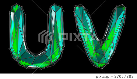 Realistic 3D letters set U, V made of low poly style. Collection symbols of low poly style green 57057885