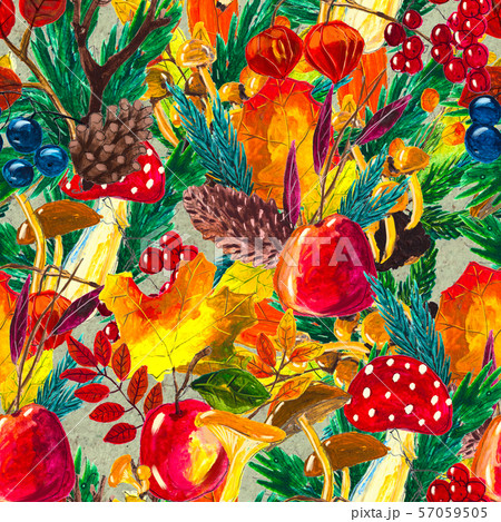 Autumn watercolor hand drawn seamless pattern with leaves mushrooms and pine cones Autumn watercolor hand drawn seamless pattern with leaves mushrooms and pine cones 57059505
