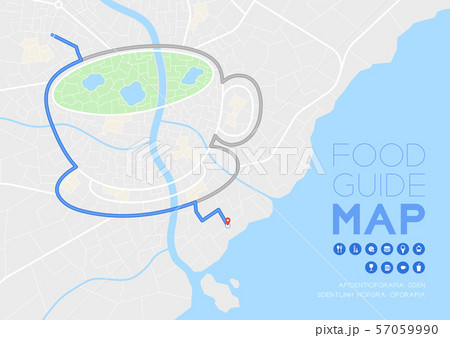 Food and beverage guide direction map travel with icon concept, Coffee or Tea cup shape poster and social banner post design in daytime mode illustration isolated on grey background, vector eps 57059990