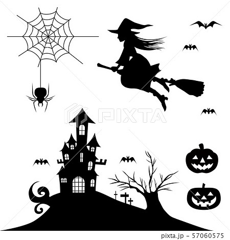 ハロウィン シルエット素材 魔女 かぼちゃ お城 木 お化け屋敷のイラストのイラスト素材