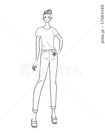 人物 女性 女の人 若い 若い女性 女子 女の子 正面 全身 立っている Tシャツ サンダル ポニーのイラスト素材