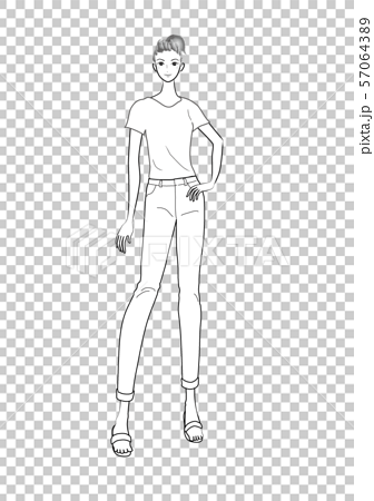 人物 女性 女の人 若い 若い女性 女子 女の子 正面 全身 立っている Tシャツ サンダル ポニーのイラスト素材