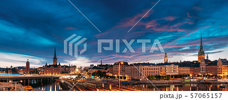Stockholm, Sweden. Scenic Famous Panoramic View Of Stockholm Skyline At Summer Evening. Famous 57065157