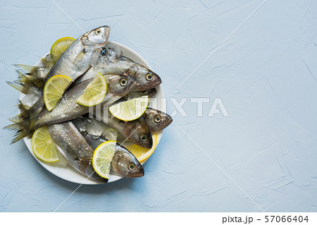 Black sea bluefish with ice cube and lemon. 57066404