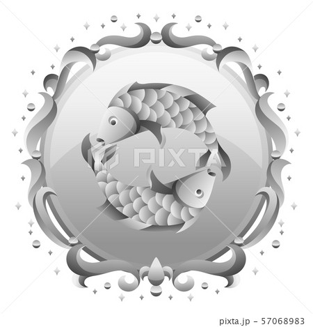 Pisces zodiac sign with silver frame. Horoscope symbol. Pisces zodiac sign with silver frame. Horoscope symbol. 57068983