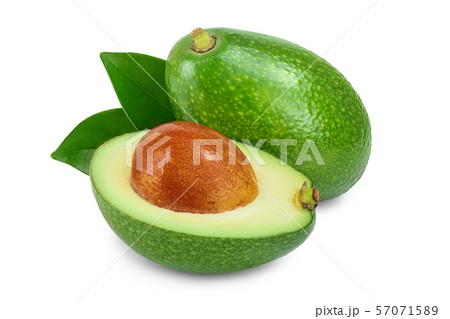 avocado and half with leaves isolated on white background close-up 57071589