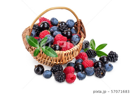 mix of blackberry blueberry raspberry black currant with leaf in wicker basket isolated on white mix of blackberry blueberry raspberry black currant with leaf in wicker basket isolated on white 57071683