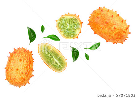 Kiwano or horned melon with leaves isolated on white background with copy space for your text. Top Kiwano or horned melon with leaves isolated on white background with copy space for your text. Top 57071903