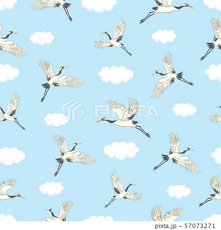 Vector seamless pattern with oriental motifes. Cranes flying. Flower blossom. Vector seamless pattern with oriental motifes. Cranes flying. Flower blossom. 57073271