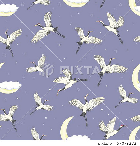 Vector seamless pattern with oriental motifes. Cranes flying. Flower blossom. 57073272