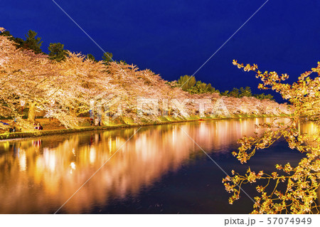 ライトアップされた「弘前城西濠」　春陽橋からの風景 57074949