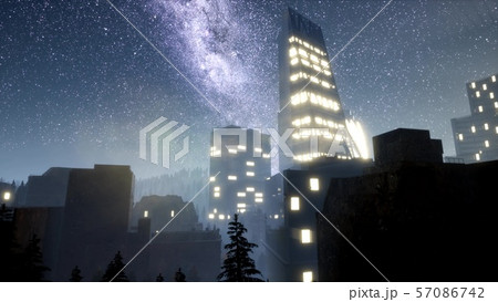 City Skyscrapes At Night With Milky Way Starsのイラスト素材