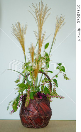竹かごに入れたすすきと山ごぼう 57087310
