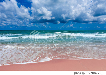 Aerial view of pink beach and blue ocean wave. Aerial view of pink beach and blue ocean wave. 57087756