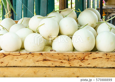 Fresh organic cantaloupe melons on wooden crate for sale on a market 57088899