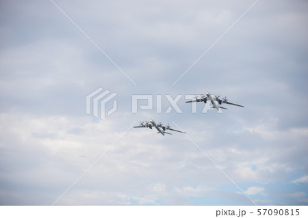 Two military long range bomber aircrafts flying in the sky 57090815