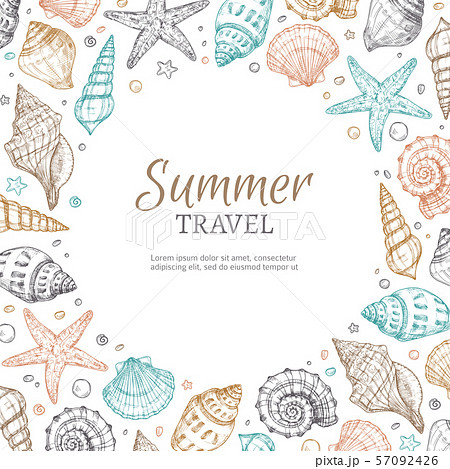 Seashell background. Vintage summer sea shells seastar banner etching style. Marine vector 57092426