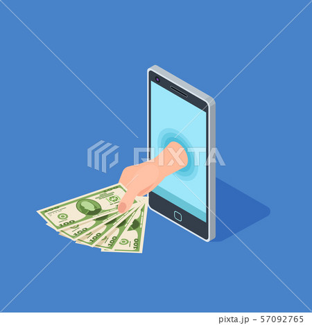 Smartphone online banking vector concept. Hand hold money - isometric banking design 57092765
