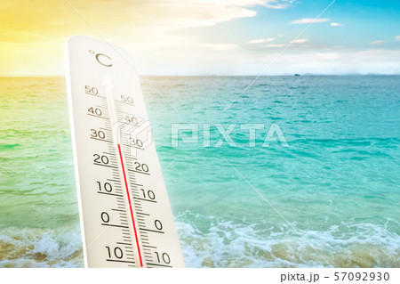 Heat wave on the beach thermometer shows in Heat wave on the beach thermometer shows in 57092930