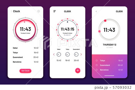 Clock app. Digital clock alarm phone application. Cellphone watch widget futuristic vector user Clock app. Digital clock alarm phone application. Cellphone watch widget futuristic vector user 57093032