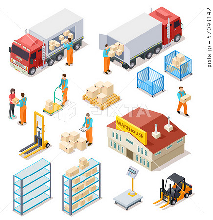 Delivery isometric. Logistic, distribution warehouse, truck with people workers carrying boxes 57093142
