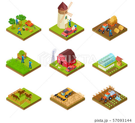 Isometric farm. Farmer tractor lorry and harvester. Livestock and agricultural green plants. 3d 57093144