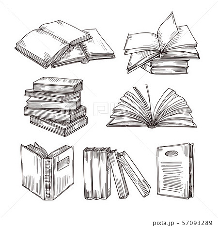 Sketch books. Ink drawing vintage open book and books pile. School education and library doodle 57093289