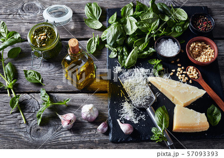 classic Basil pesto sauce and main ingredients classic Basil pesto sauce and main ingredients 57093393