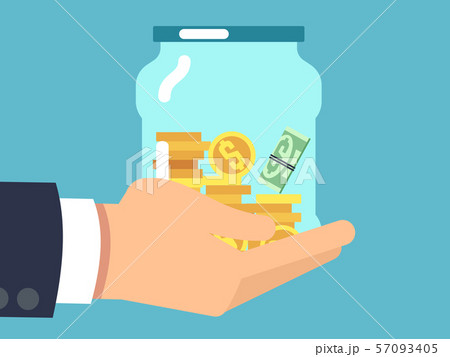 Jar with money in hand. Saving money flat vector concept Jar with money in hand. Saving money flat vector concept 57093405