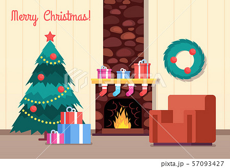 Christmas tree and fireplace. Living room with gifts on fireplace. Happy new year and winter holiday 57093427