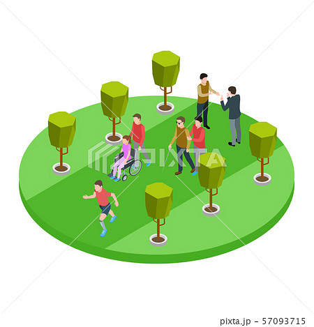 Volunteers and disabled people walk isometric vector 57093715