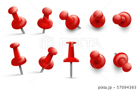 Push pin in different angles. Red thumbtack for attachment. Pushpins with metal needle and red head Push pin in different angles. Red thumbtack for attachment. Pushpins with metal needle and red head 57094363
