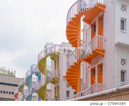 Close up of colorful pastel spiral staircases in 57094384