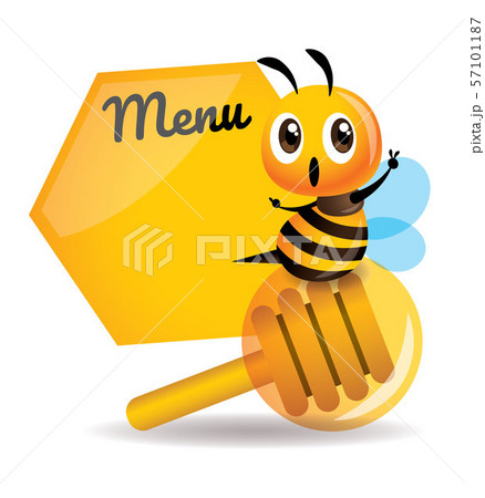 Cartoon cute bee sitting on the honey dipper with big menu board. Cartoon cute bee sitting on the honey dipper with big menu board. 57101187