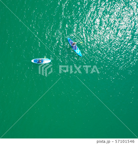 Aerial view of sup boards on the sea. Top view of two paddleboard on a sunny day. View from above. Aerial view of sup boards on the sea. Top view of two paddleboard on a sunny day. View from above. 57101546