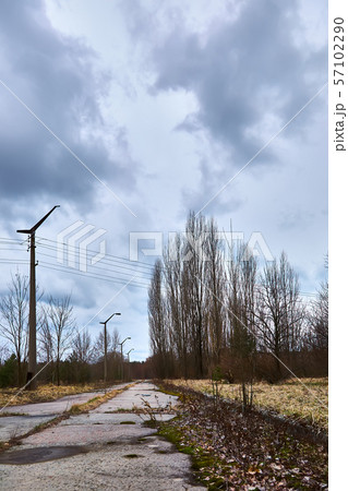 Pripyat, Ukraine. A city street of abandoned city of Pripyat in Chernobyl exclusion zone in Ukraine. Pripyat, Ukraine. A city street of abandoned city of Pripyat in Chernobyl exclusion zone in Ukraine. 57102290