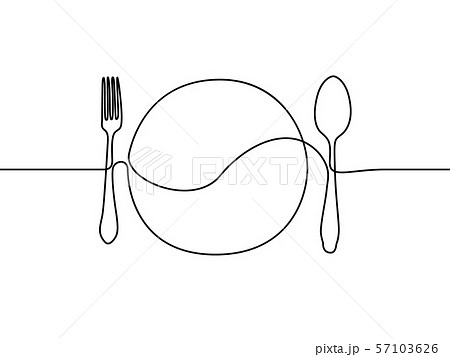 Continuous line plate, spoon and fork. Vector illustration. 57103626
