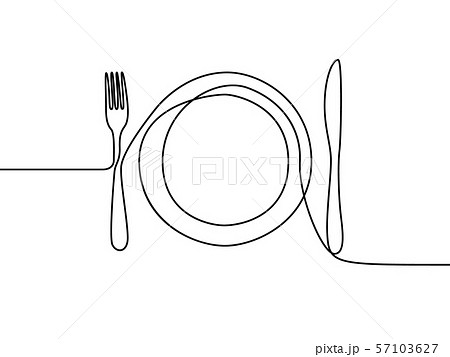 One continuous line plate, khife and fork. Vector 57103627