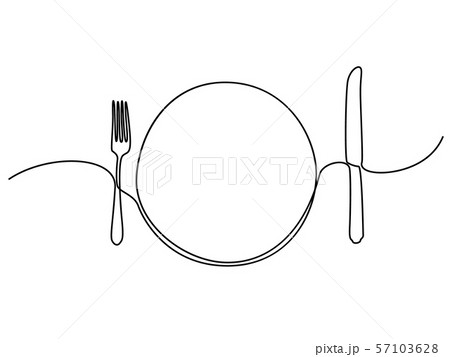 Continuous one line plate, khife and fork. Vector illustration. 57103628