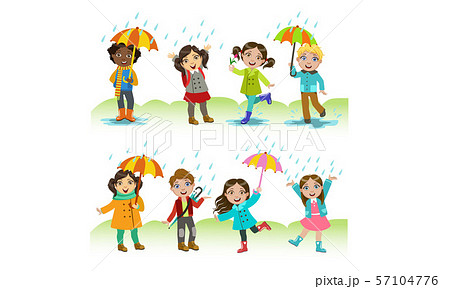 Kids Playing in the Rain Set, Happy Boys and Girls Having Fun Outdoors Vector Illustration Kids Playing in the Rain Set, Happy Boys and Girls Having Fun Outdoors Vector Illustration 57104776