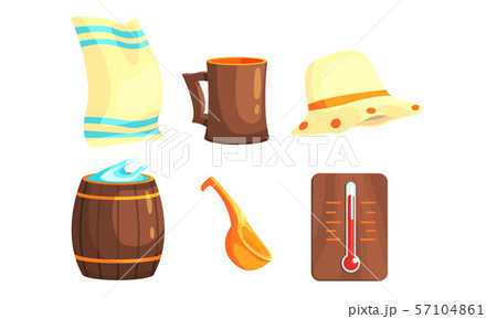 Sauna or Bathhouse Equipment Set, Towel, Hat, Wooden Barrel, Ladle, Thermometer Vector Illustration Sauna or Bathhouse Equipment Set, Towel, Hat, Wooden Barrel, Ladle, Thermometer Vector Illustration 57104861