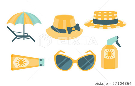 Skin Protection Set, Beach Sun Safety, Hat, Panama, Umbrella, Sunglasses, Sunscreen Vector Skin Protection Set, Beach Sun Safety, Hat, Panama, Umbrella, Sunglasses, Sunscreen Vector 57104864