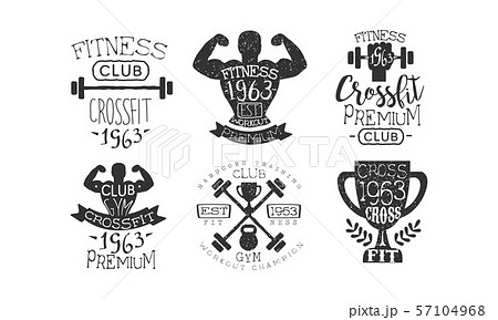 Crossfit Club Retro Labels Set, Fitness Workout Premium Emblems Vector Illustration 57104968