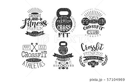 Crossfit Premium Athletics Retro Labels Set, Fitness Workout Vintage Emblems Vector Illustration 57104969