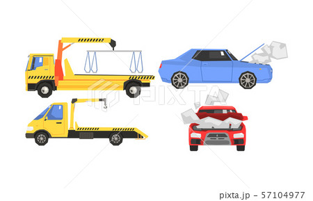 Evacuator Tow Track And Damaged Cars Set Car のイラスト素材